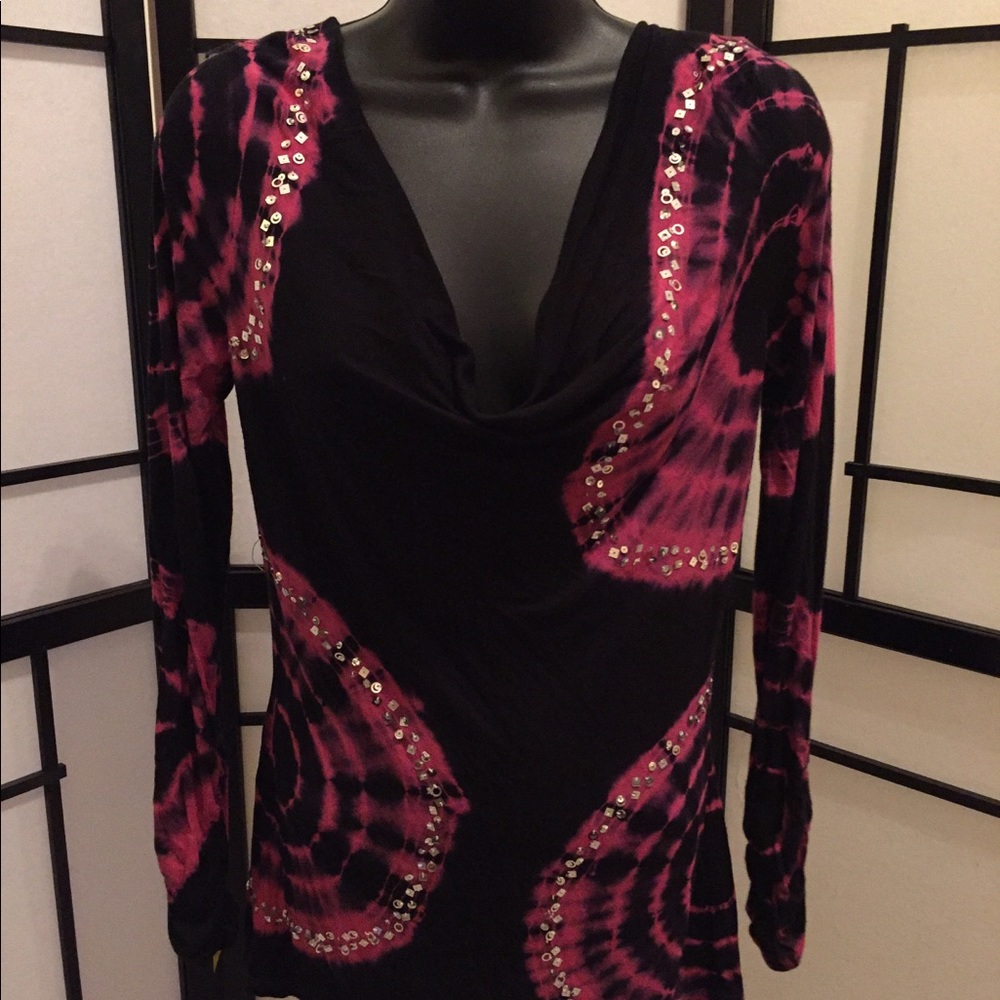 Black/ pink tie dye long sleeve embellishments top